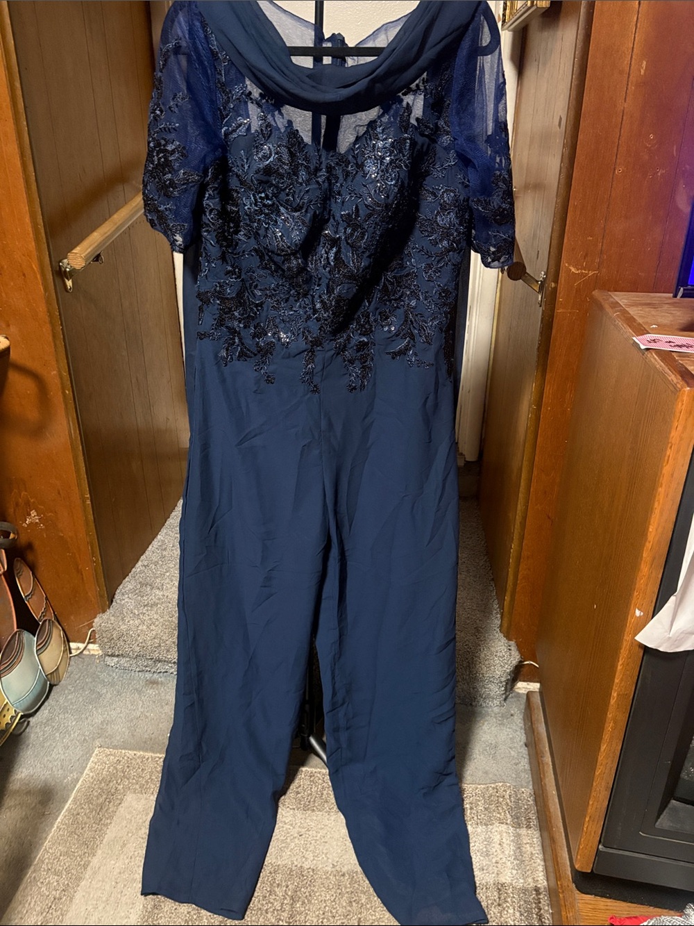 elegant, navy blue formal jumpsuit sequin floral lace, bodice size 14